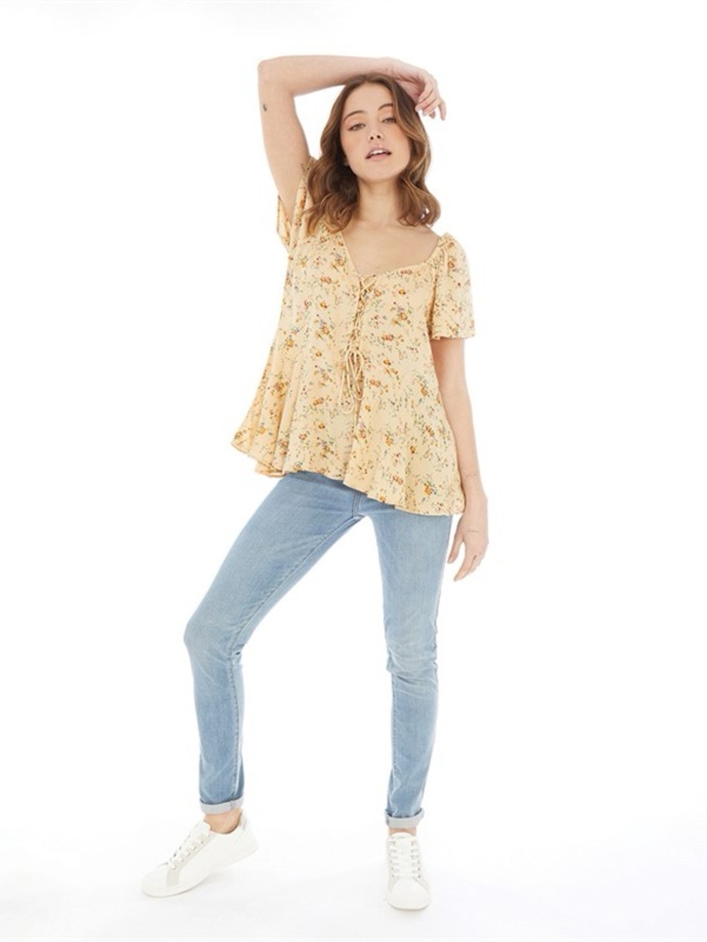 Brave Soul Yellow Floral Tie-Front Peasant Tunic